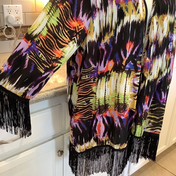 Russell Kemp NY Abstract Colorful Fringe Kimono Cardigan Size Large - Picture 2 of 8